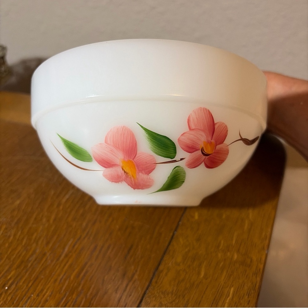 Fire King Peach Blossom Milk Glass 6" Mixing Bowl Hand Painted
